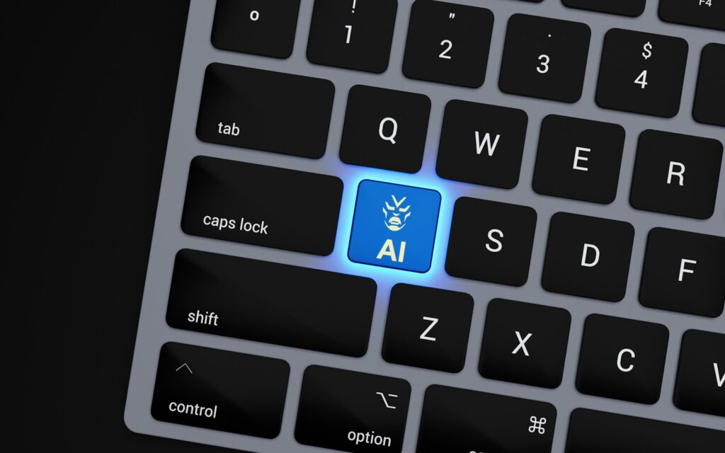 a close up of a keyboard with a blue button