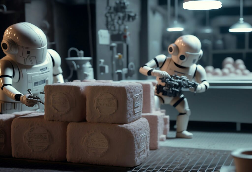 a robot holding a gun next to a pile of rolls of toilet paper