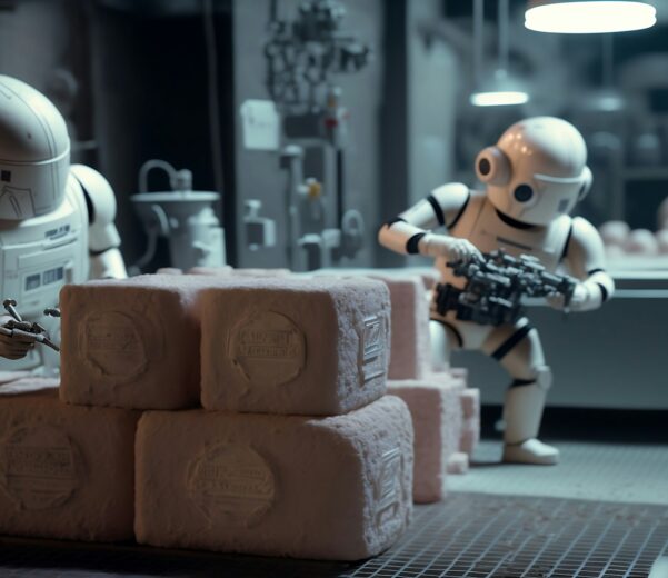 a robot holding a gun next to a pile of rolls of toilet paper